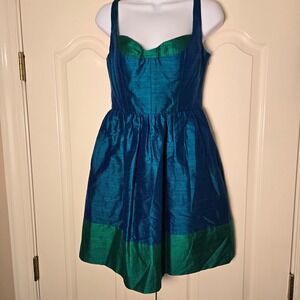 Phoebe‎ Couture Silk Fit & Flare Dress Teal Green Bow Back Cutout Pockets Sz 4